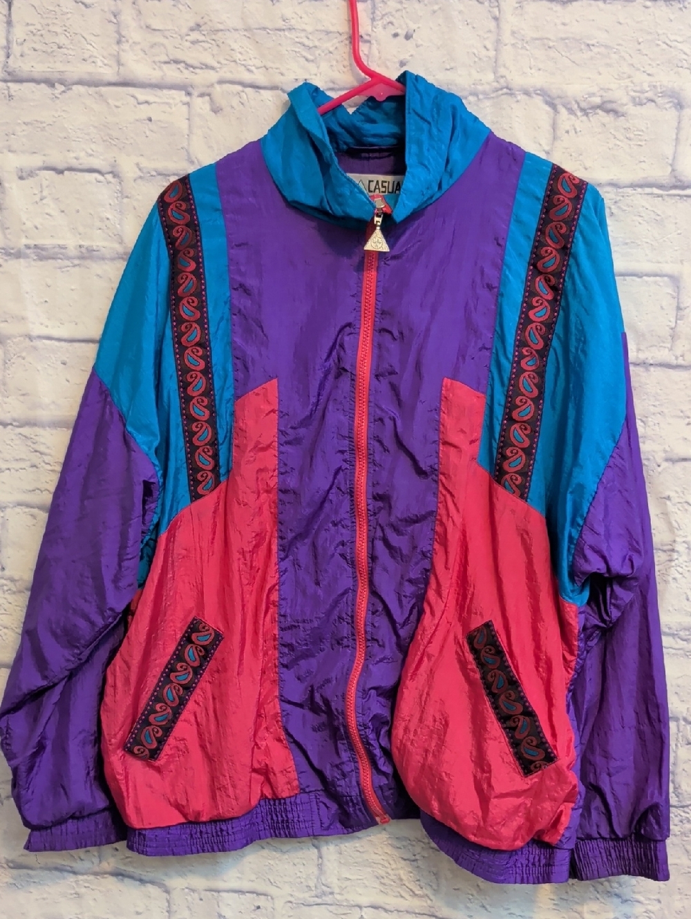 Vintage Colorblock Casual Isle Windbreaker Jacket - Purple/Teal/Pink